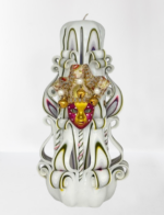 Handgeschnitzte Luxuskerze aus der Kerzenmanufaktur Berlin, 21 cm hoch, im venezianischen Stil mit dekorativer Karnevalmaske aus Venedig