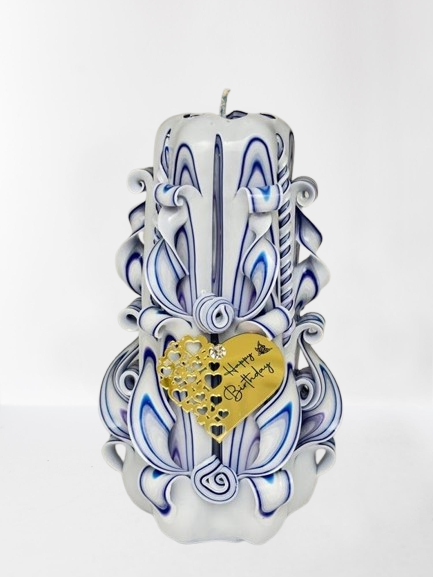 18 cm hohe geschnitzte Kerze zum Geburtstag mit liebevollem Acrylglas Herz "Happy Birthday"