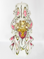 Handgeschnitzte Luxuskerze aus der Kerzenmanufaktur Berlin, 21 cm hoch, im venezianischen Stil mit dekorativer Karnevalmaske aus Venedig